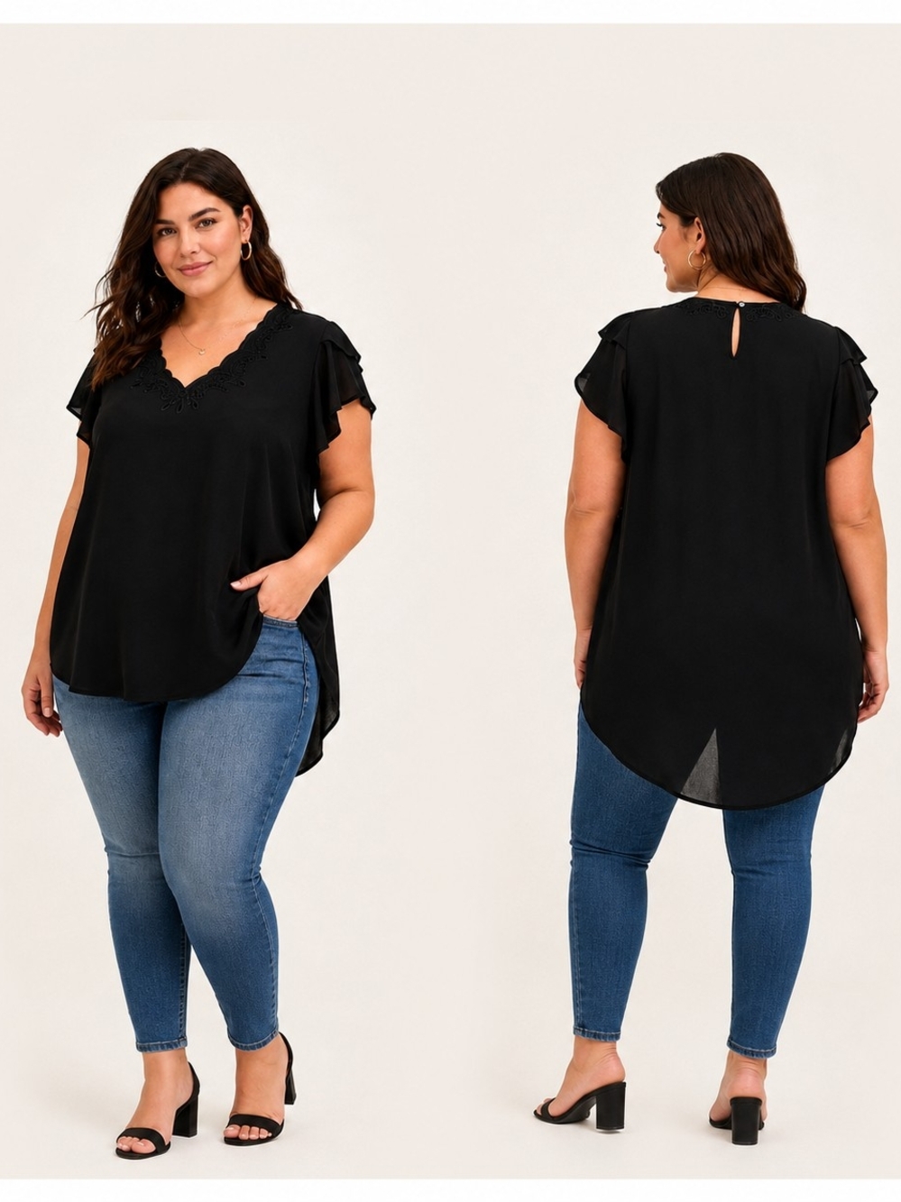 Torrid Size 3 Black Embroidered V-Neck High Low Flutter Sleeve Blouse